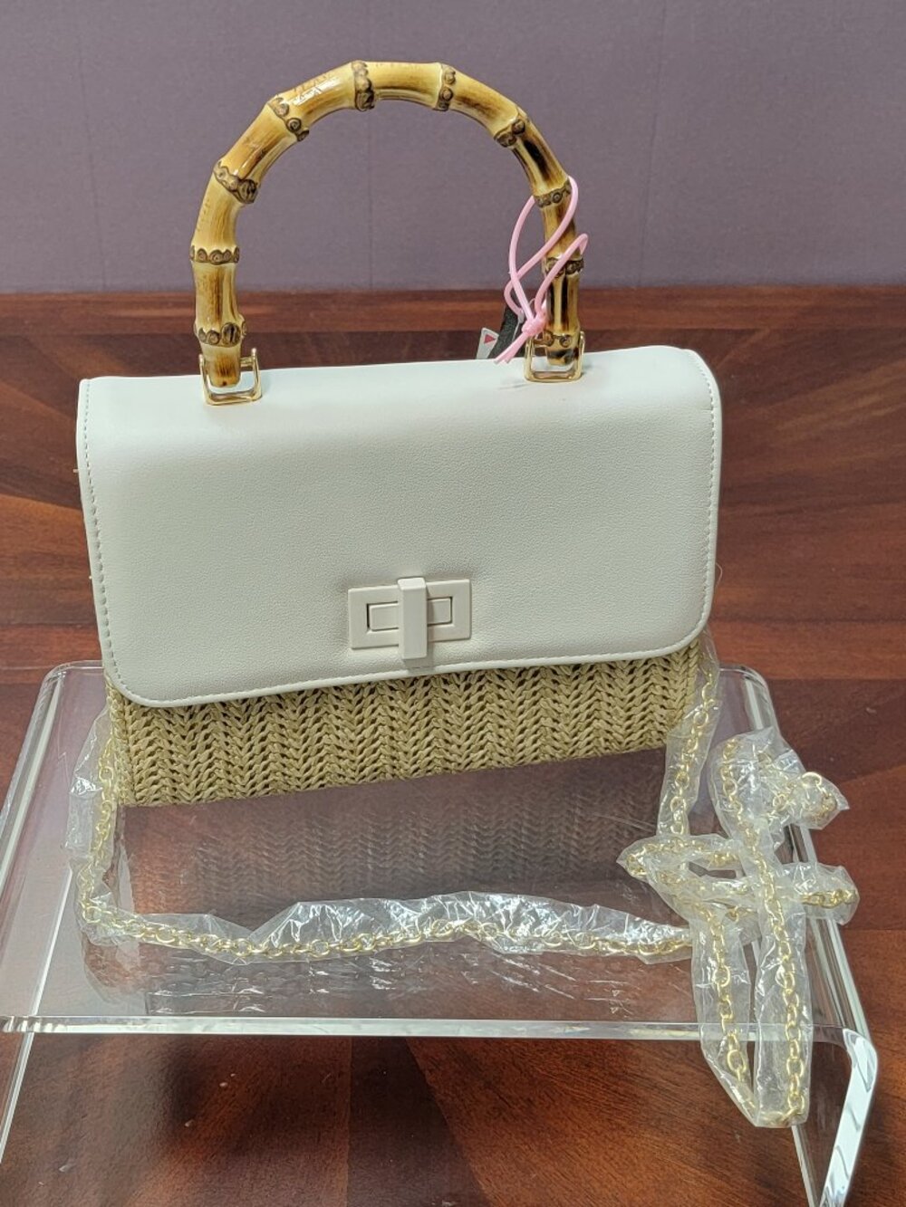 White Faux Leather Straw Crossbody Bag Bamboo Handle Turnlock